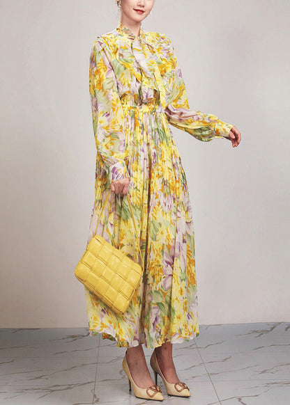 Yellow Print Lace Up Chiffon Long Dress Long Sleeve Ar1037