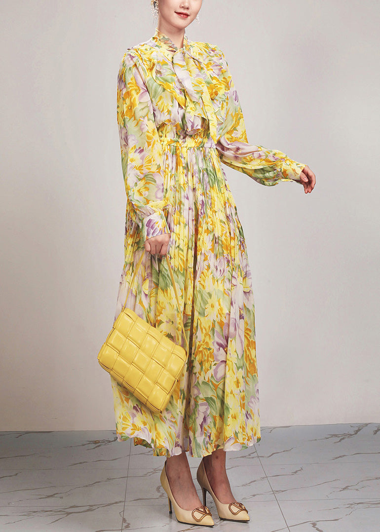 Yellow Print Lace Up Chiffon Long Dress Long Sleeve Ar1037