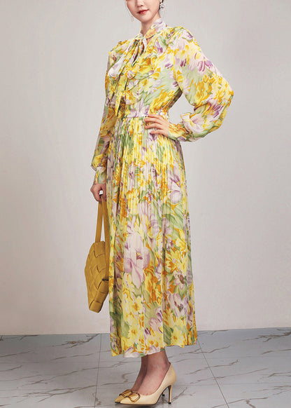 Yellow Print Lace Up Chiffon Long Dress Long Sleeve Ar1037