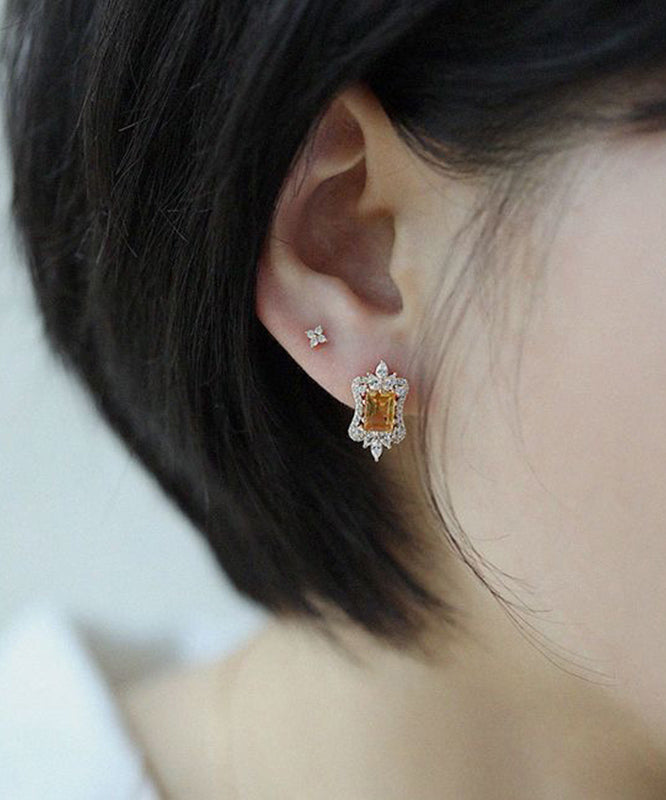 Yellow Sterling Silver Overgild Zircon Stud Earrings