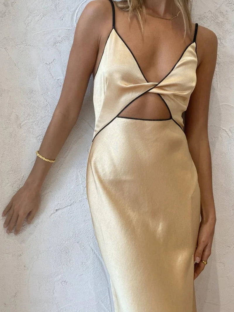 V Neck Dress Hollow Out Cutout High Slit Maxi Dress