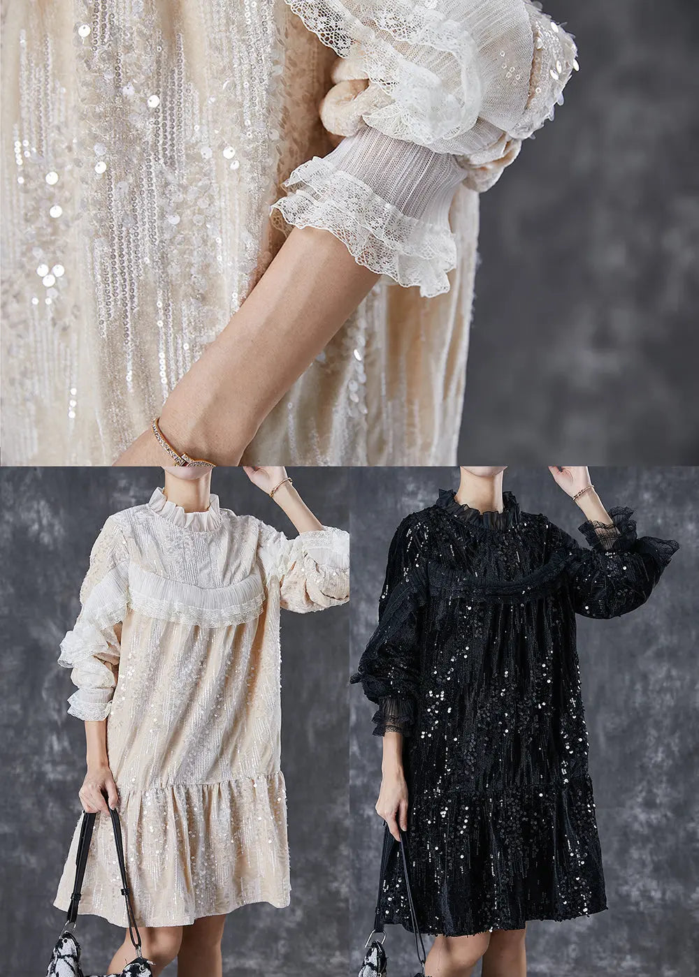 Ruffles Velour Mini Dresses Sequins Spring