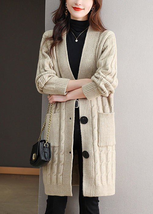 Beige Pockets Cable Wool Knit Fall Cardigans V Neck Qs014