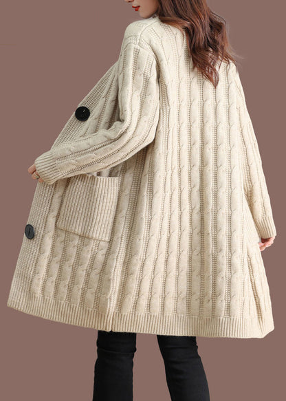 Beige Pockets Cable Wool Knit Fall Cardigans V Neck Qs014