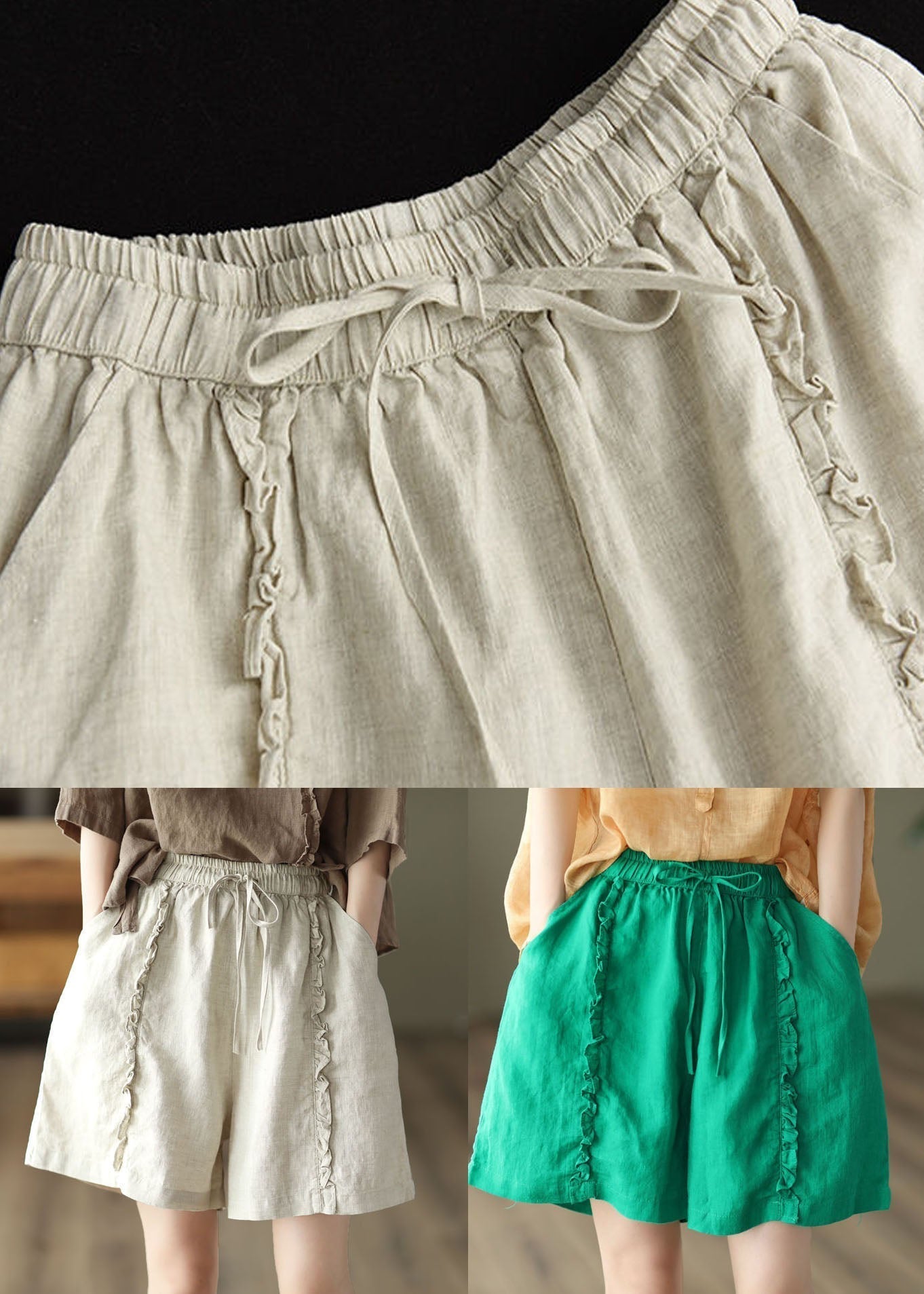 Beige Pockets Patchwork Linen Hot Pants Elastic Waist Summer Ly0603