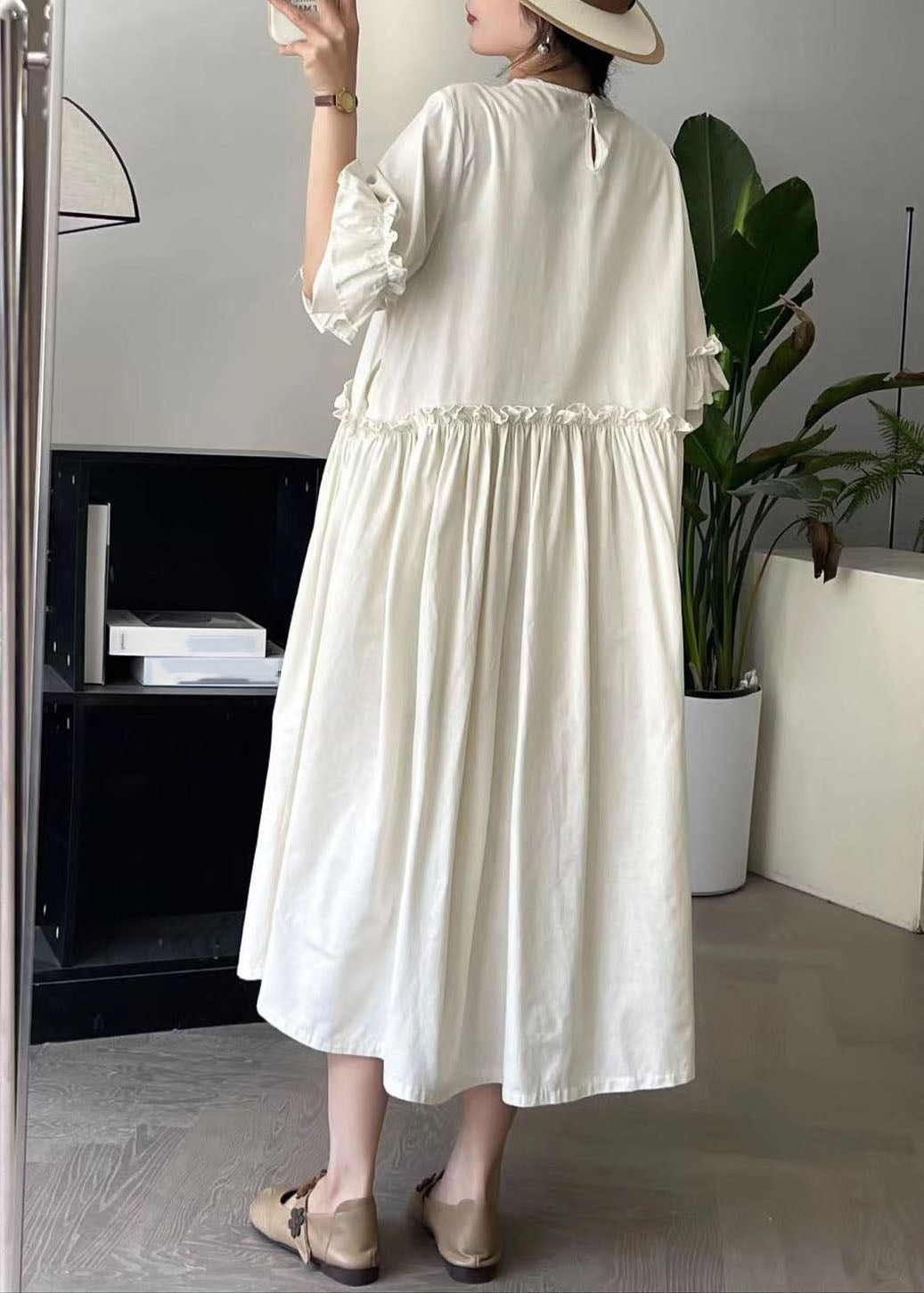 Beige Ruffled Patchwork Maxi Dress Short Sleeve Bv032