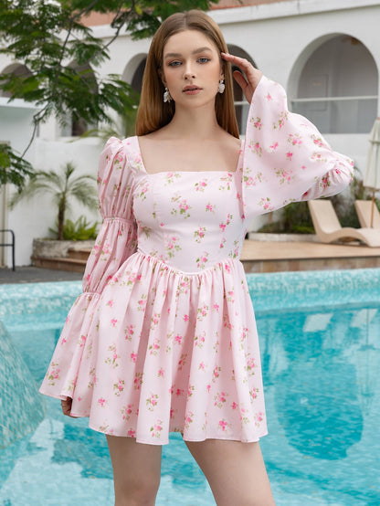 Bell Sleeve Ruched Print Mini Dress