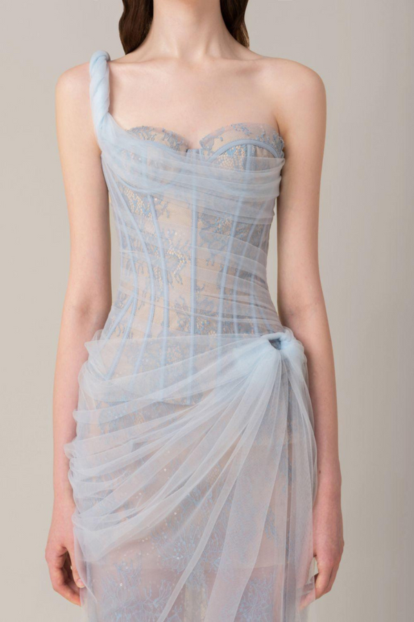 Bertille One Shoulder Maxi Dress in Blue