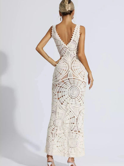 Crochet Hollow V Neck Backless Maxi Dress