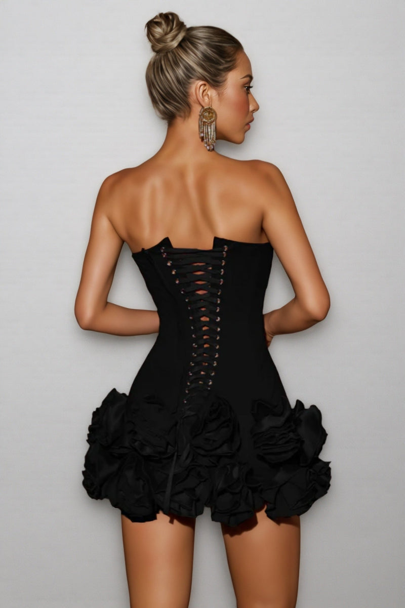 Fiora Black Strapless Flower Mini Dress