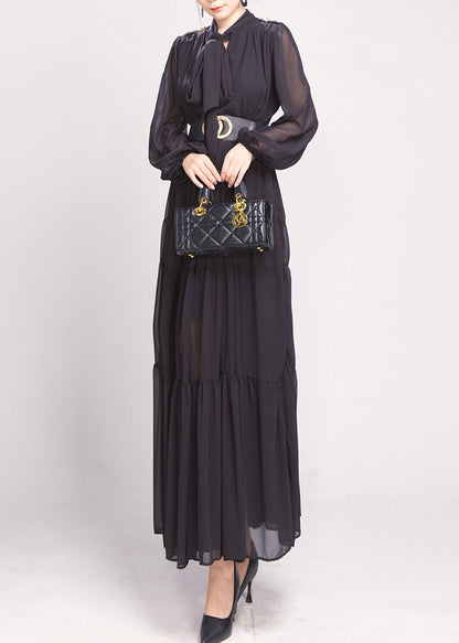 Black Bow Wrinkled Chiffon Maxi Dress Long Sleeve Ao1043
