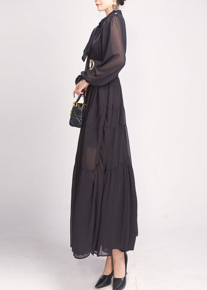 Black Bow Wrinkled Chiffon Maxi Dress Long Sleeve Ao1043