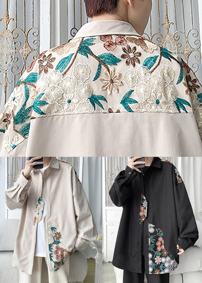 Beige Embroidered Button Cotton Neutral Coats Spring Qa1034