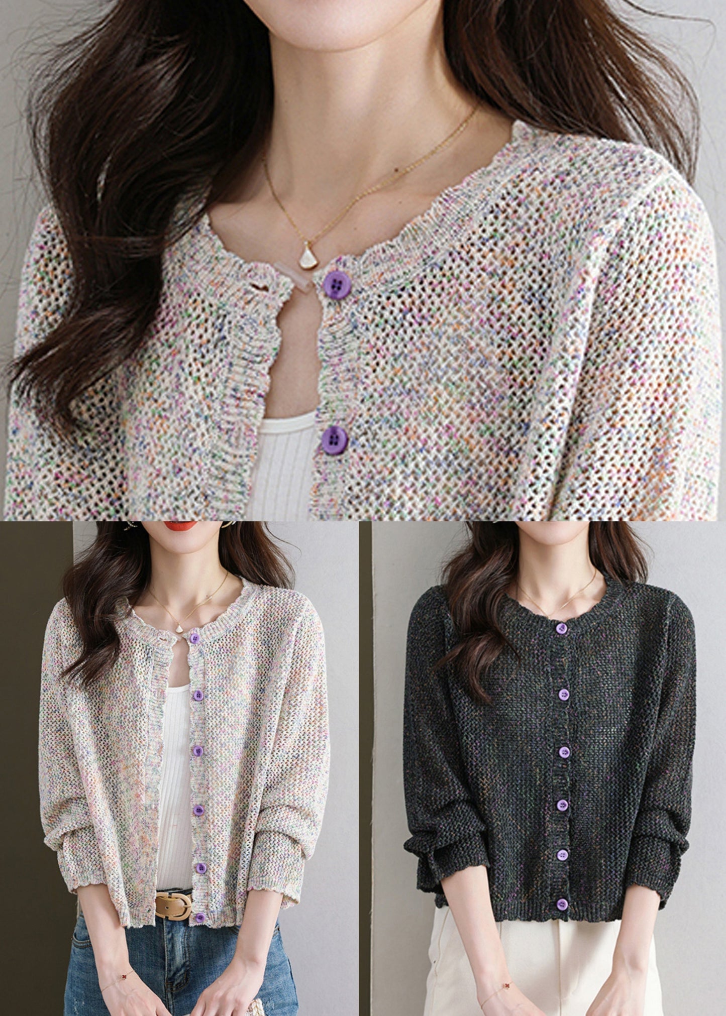 French Beige Hollow Out Button Knit Cardigan Fall Qs022