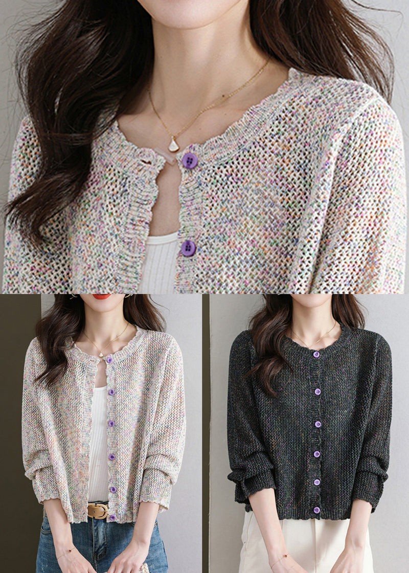 French Beige Hollow Out Button Knit Cardigan Fall Qs022