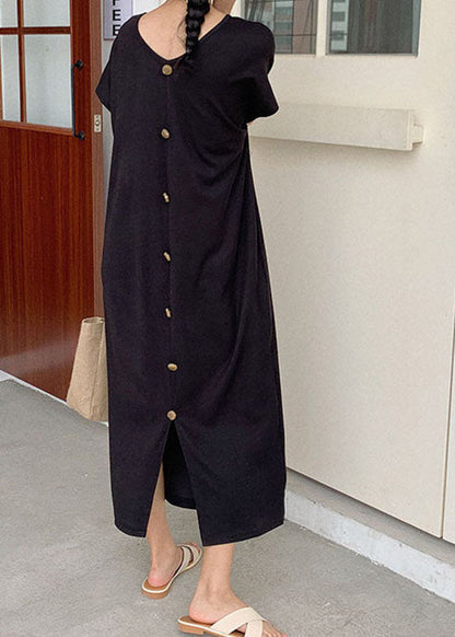 Black Button Patchwork Knit Maxi Dresses O Neck Summer Ly1333