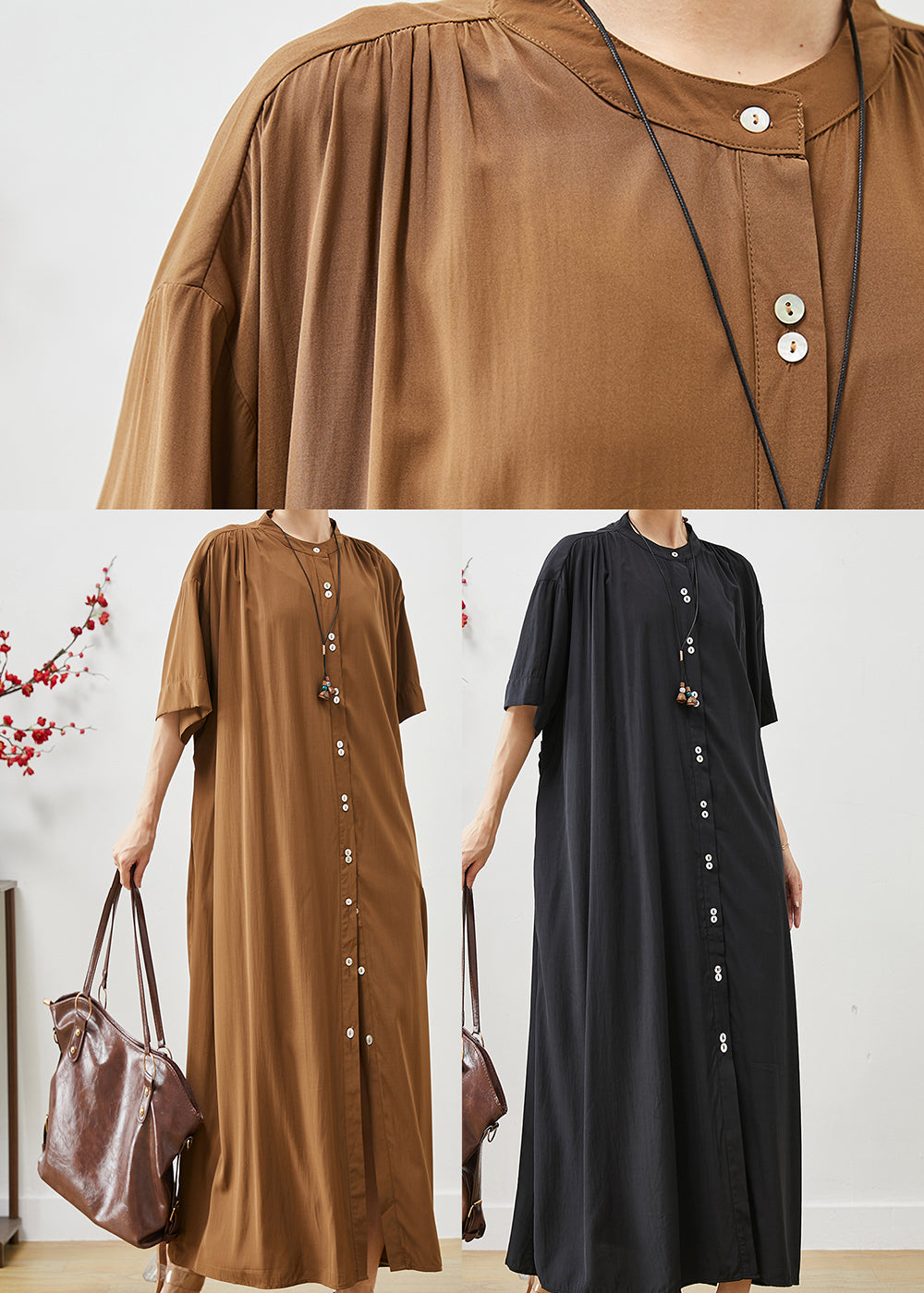 Organic Brown Oversized Cotton Maxi Dresses Summer Ap1071