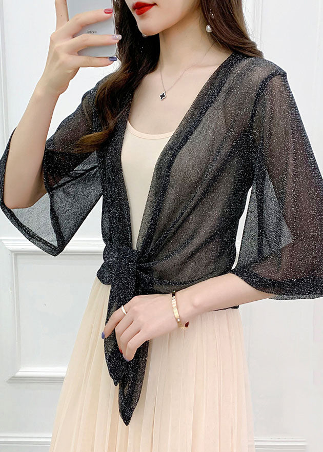 Black Lace Up Thin Tulle Cardigans V Neck Flare Sleeve As1057