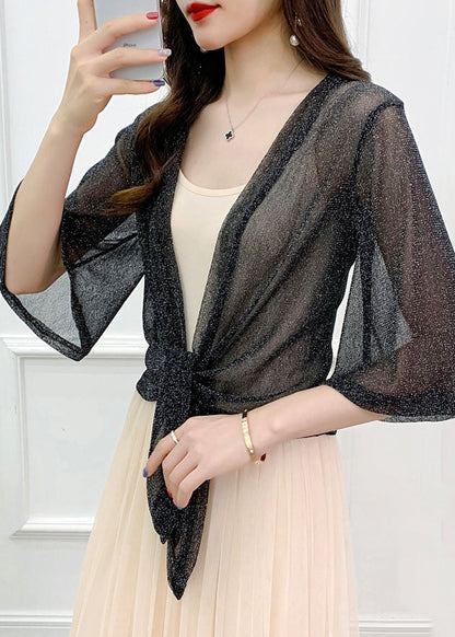 Black Lace Up Thin Tulle Cardigans V Neck Flare Sleeve As1057