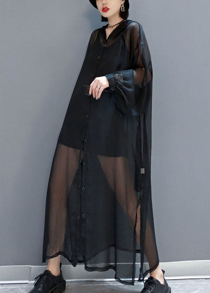 Black Loose Chiffon Upf 50+ Cardigans Oversized Side Open Summer Ly1656
