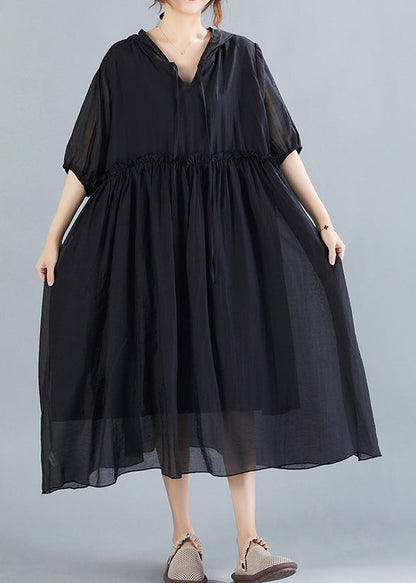 Black Neck Tie Ruffled Long Dresses Short Sleeve Ac2016
