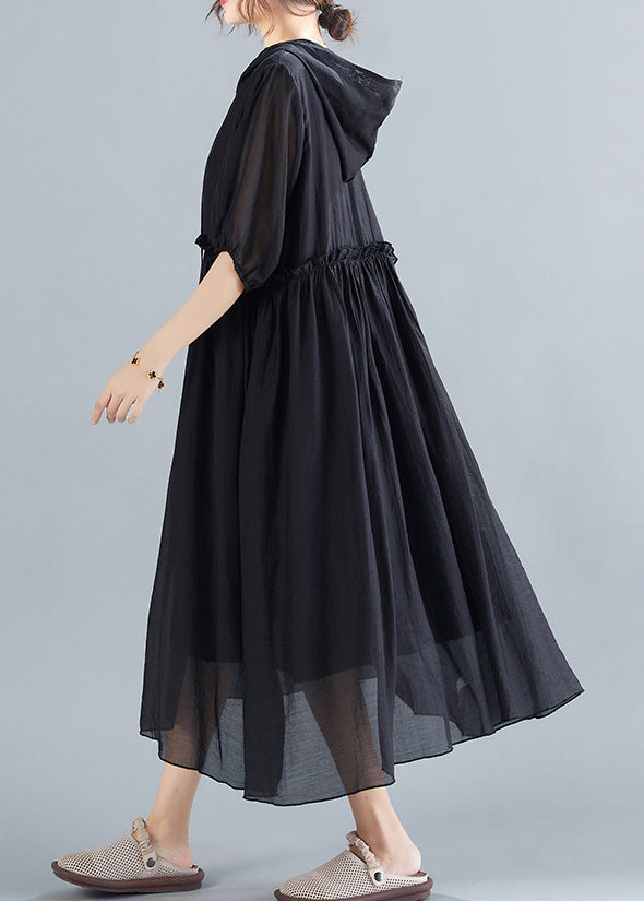 Black Neck Tie Ruffled Long Dresses Short Sleeve Ac2016