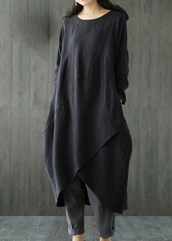 Black O-neck Asymmetrical Linen Long Dress Long Sleeve Lc0002