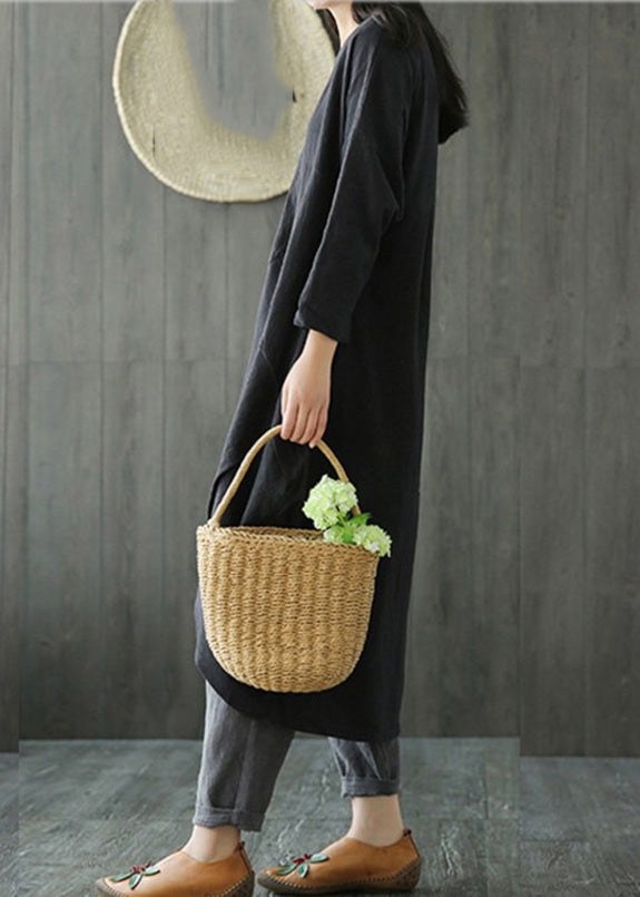 Black O-neck Asymmetrical Linen Long Dress Long Sleeve Lc0002