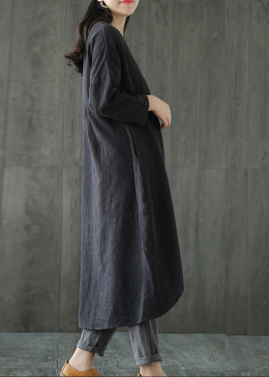 Black O-neck Asymmetrical Linen Long Dress Long Sleeve Lc0002