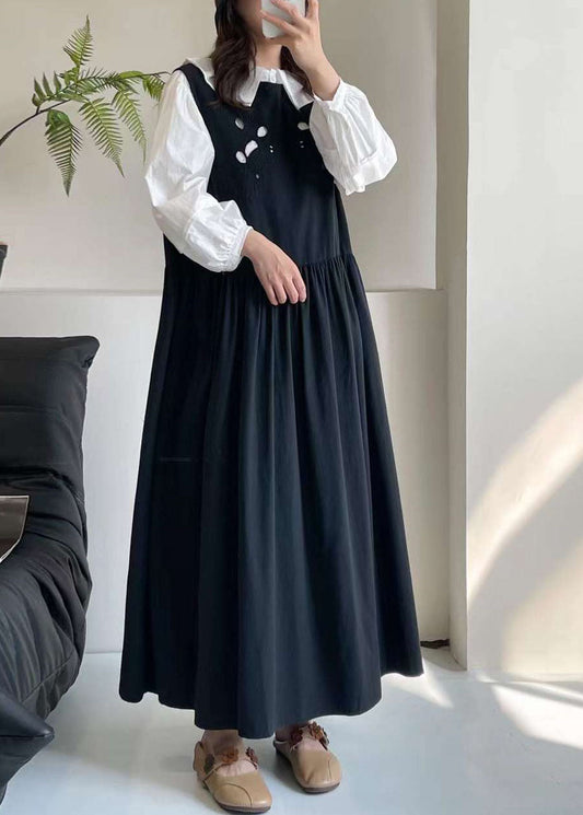 Black O-neck Patchwork Wrinkled Maxi Dress Summer Bv026