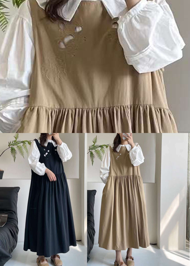 Black O-neck Patchwork Wrinkled Maxi Dress Summer Bv026