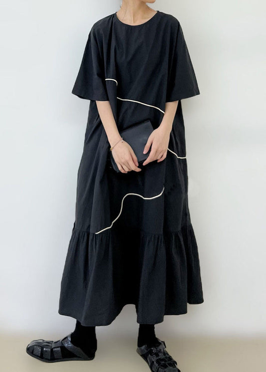 Black O-neck Wrinkled Long Dress Summer Gh1048