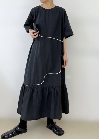 Black O-neck Wrinkled Long Dress Summer Gh1048