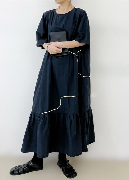 Black O-neck Wrinkled Long Dress Summer Gh1048