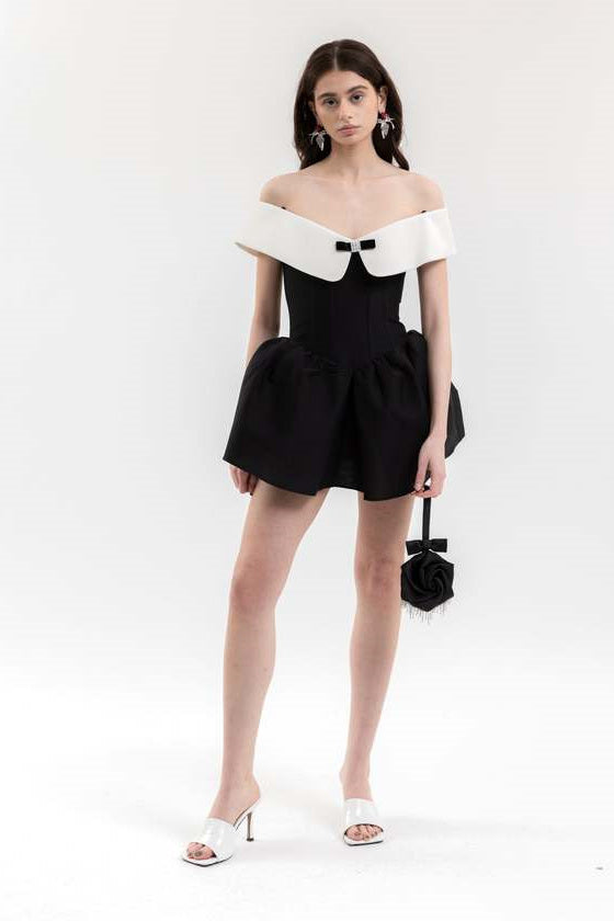 Antonia Off Shoulder Diamante Bow Mini Dress