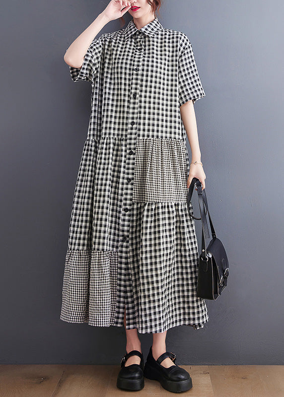 Black Patchwork Button Vacation Long Dresses Short Sleeve Ly0641