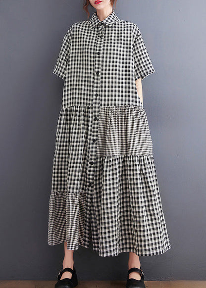 Black Patchwork Button Vacation Long Dresses Short Sleeve Ly0641