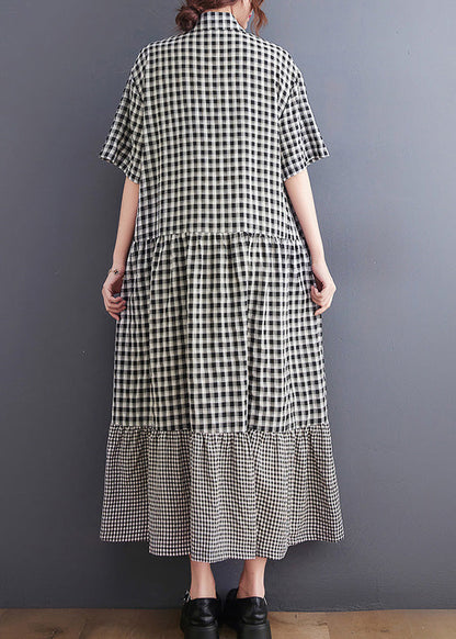 Black Patchwork Button Vacation Long Dresses Short Sleeve Ly0641