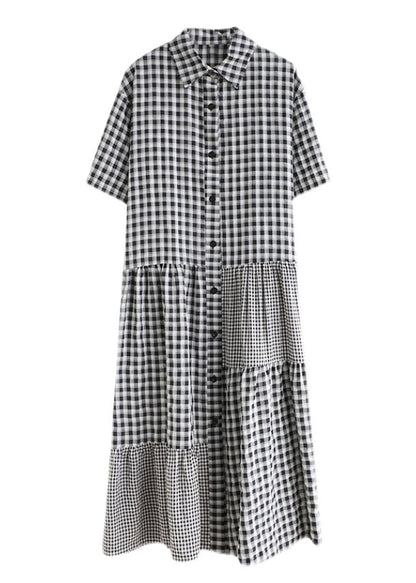 Black Patchwork Button Vacation Long Dresses Short Sleeve Ly0641