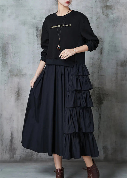 Black Patchwork Cotton Sweatshirt Dress Layered Ruffled Spring Jk1025