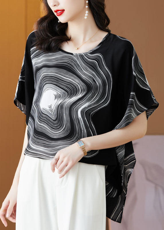 Black Patchwork Print Silk Blouse Tops O Neck Summer Ly0482
