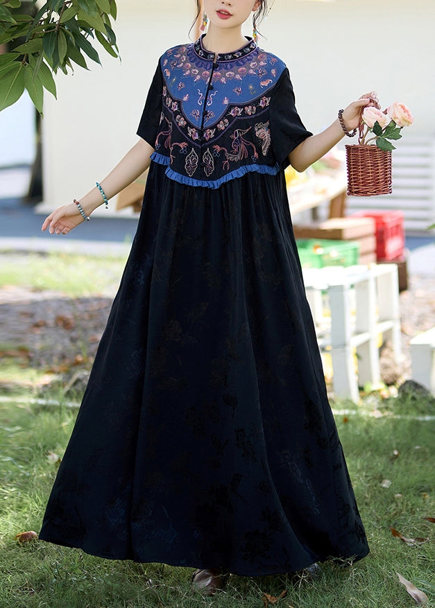 Black Patchwork Silk Long Dress Ruffled Jacquard Stand Collar Summer Ww1019