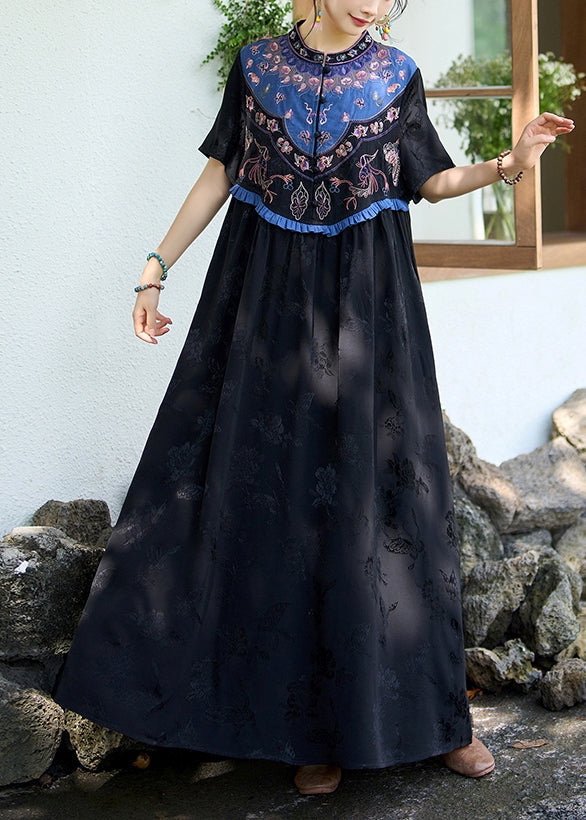Black Patchwork Silk Long Dress Ruffled Jacquard Stand Collar Summer Ww1019