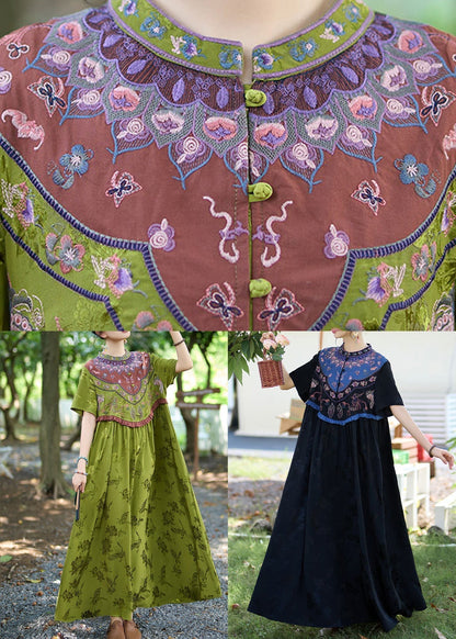 Black Patchwork Silk Long Dress Ruffled Jacquard Stand Collar Summer Ww1019
