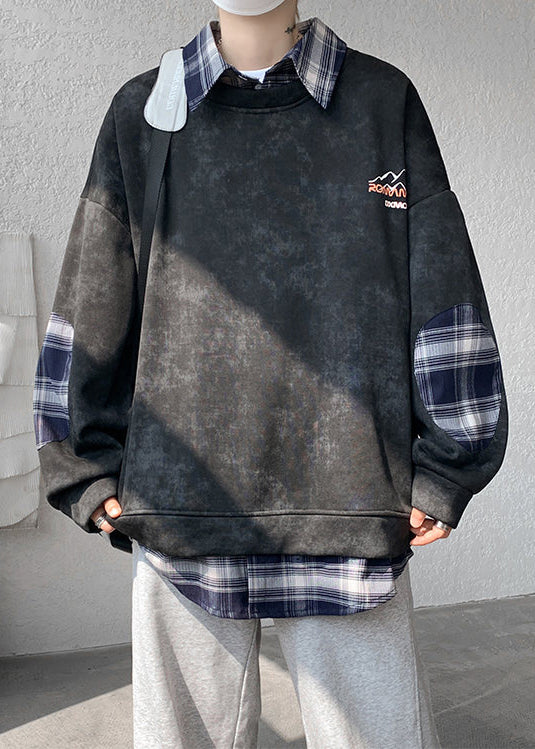 Black Fleece Collar Warm Peter Sweatshirt Pan Plaid Patchwork