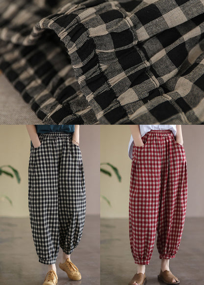 Black Plaid Pockets Linen High Waist Crop Pants Summer Ff021