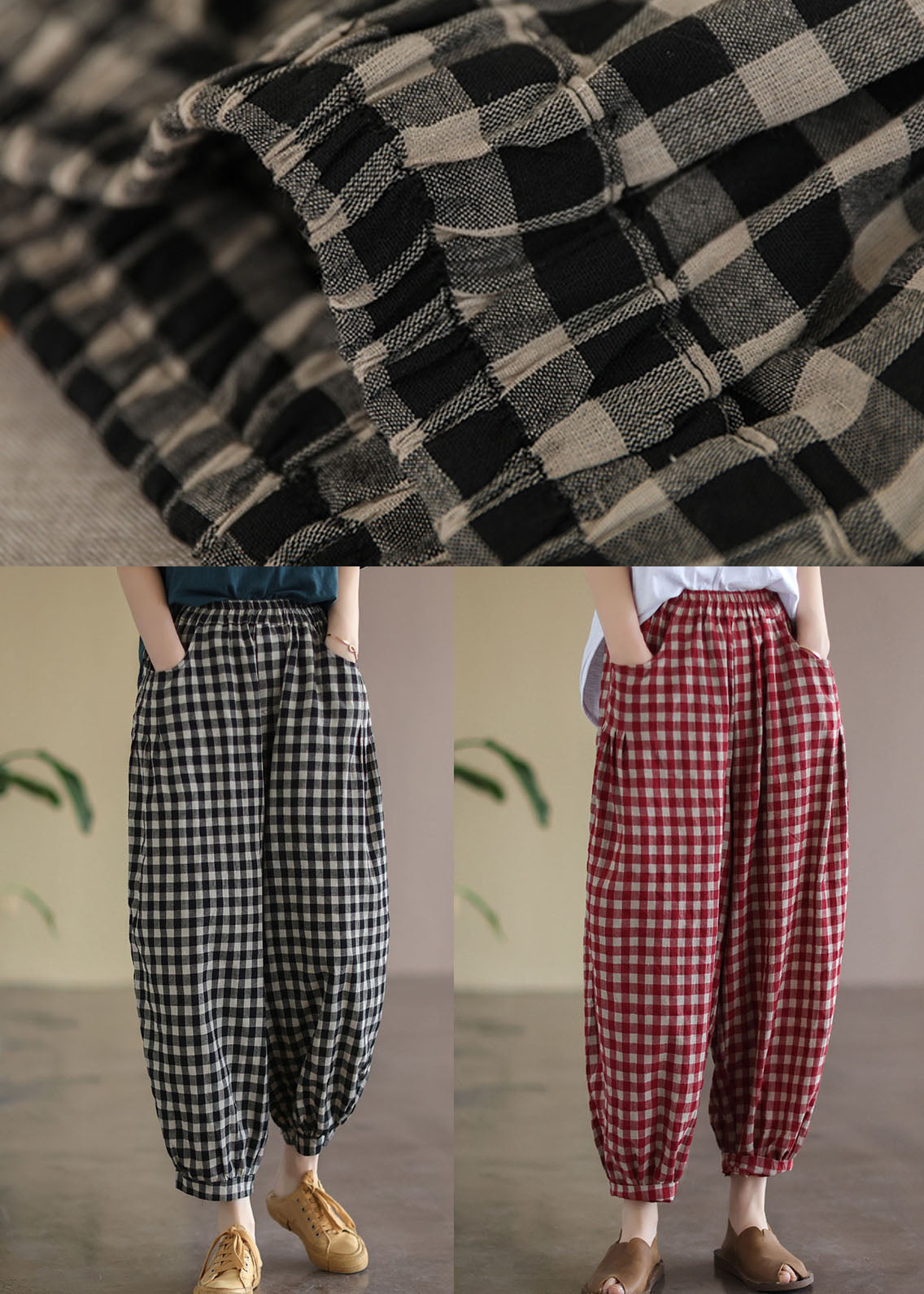 Red Plaid Pockets Elastic Waist Linen Crop Pants Summer Ff010
