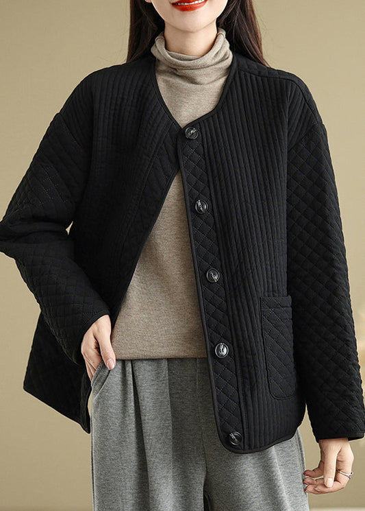 Black Pockets Button Fine Cotton Filled Coat O Neck Spring Ti015