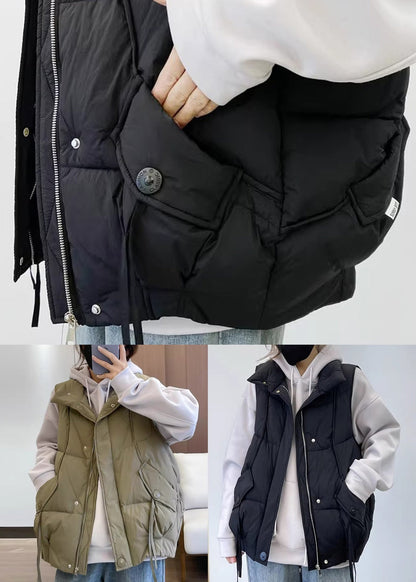 Black Pockets Cotton Filled Waistcoat Zip Up Sleeveless Yw013