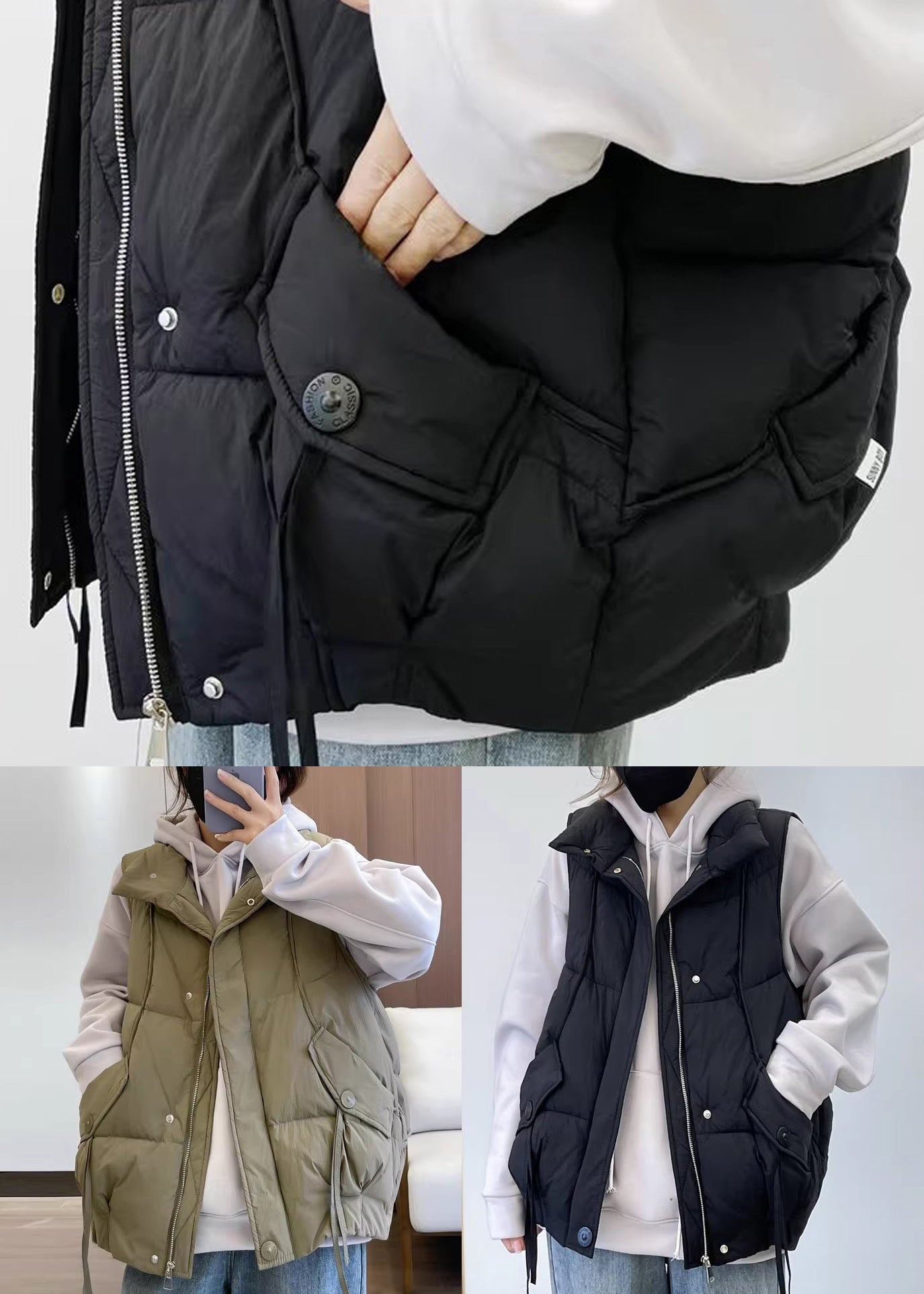 New Khaki Stand Collar Pockets Cotton Filled Waistcoat Spring Yw012